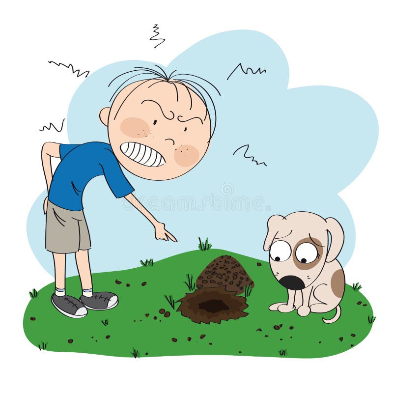 Boy or a man angry with his dog, pointing his finger at the digged hole in the lawn in his garden, puppy is looking sorry for his bad behavior - original hand drawn illustration. Boy or a man angry with his dog, pointing his finger at the digged hole in the lawn in his garden, puppy is looking sorry for his bad behavior - original hand drawn illustration